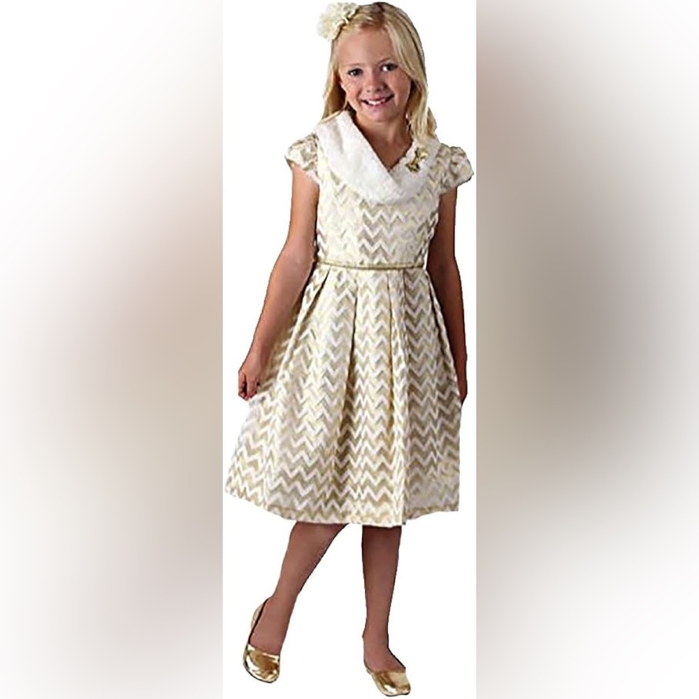 Jona Michelle Girls' Party Formal Dress - Ivory Gold with faux fur collar